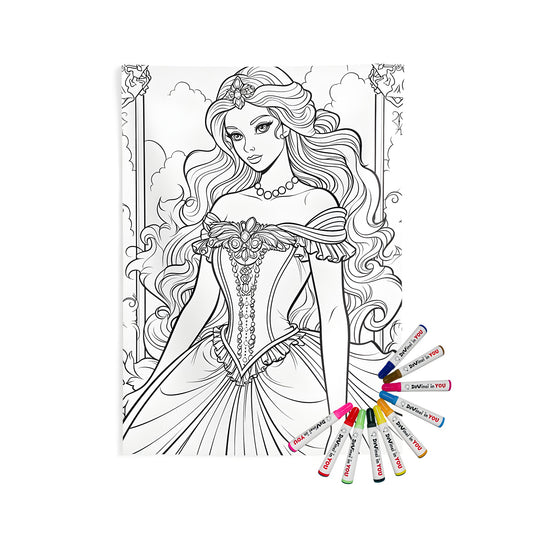 Indoor wall tapestry design of princess figurine with flowing hair, elegant princess art, royalty decor