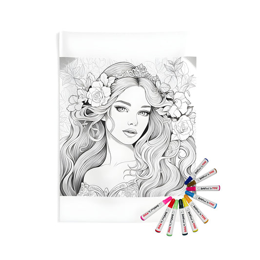 Floral princess wall tapestry for adults and kids - detailed line art drawing of a royal woman with flowers in her hair