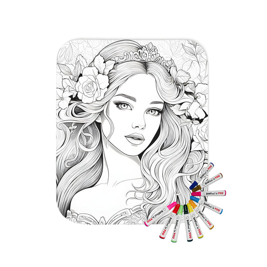 Coloring blanket featuring a detailed line art princess with long hair, flowers, and tiara design