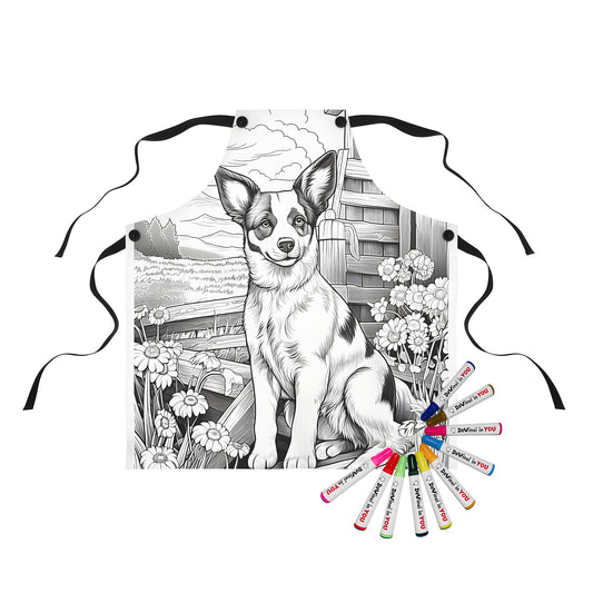 Coloring apron featuring cute puppy illustrations, can be customized as pet dog t-shirt, dog lover gift