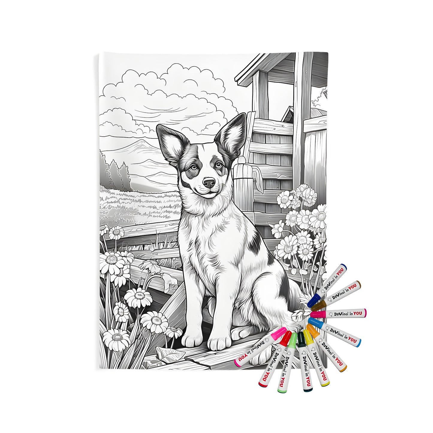 Cozy indoor wall tapestry featuring a detailed coloring page of a dog sitting by flowers with a scenic countryside background