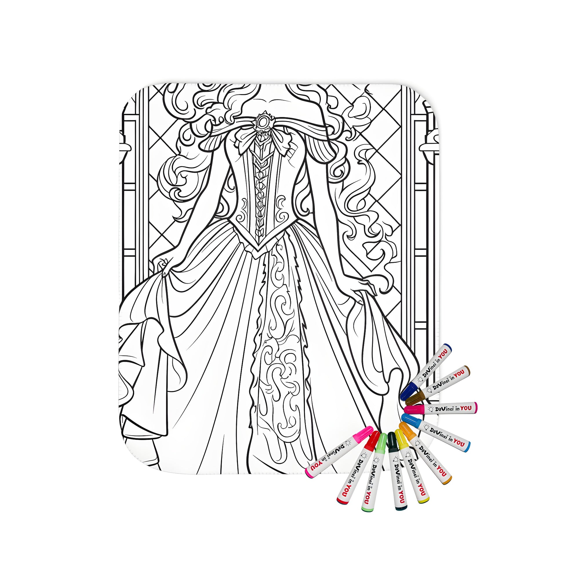 Coloring blanket featuring line art princess illustration with ornate dress and castle background