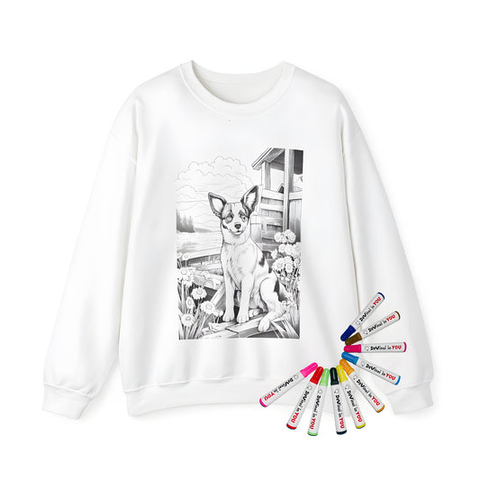 Adult sweatshirt featuring a fun and colorful dog breed design by flowers and scenic countryside background