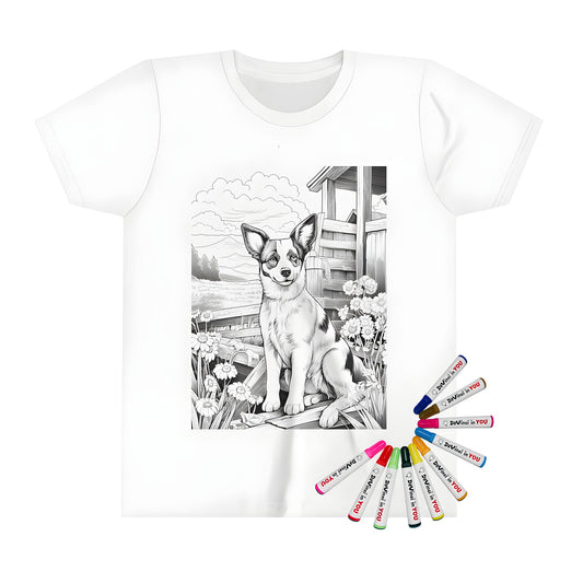 Coloring kit kid's t-shirt with dog breed designs, fabric markers for artistic expression