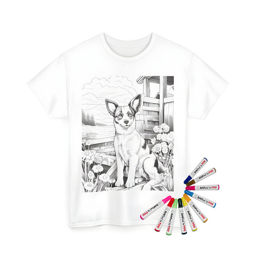 Unisex t-shirt featuring a cute dog illustration by flowers and scenic countryside background