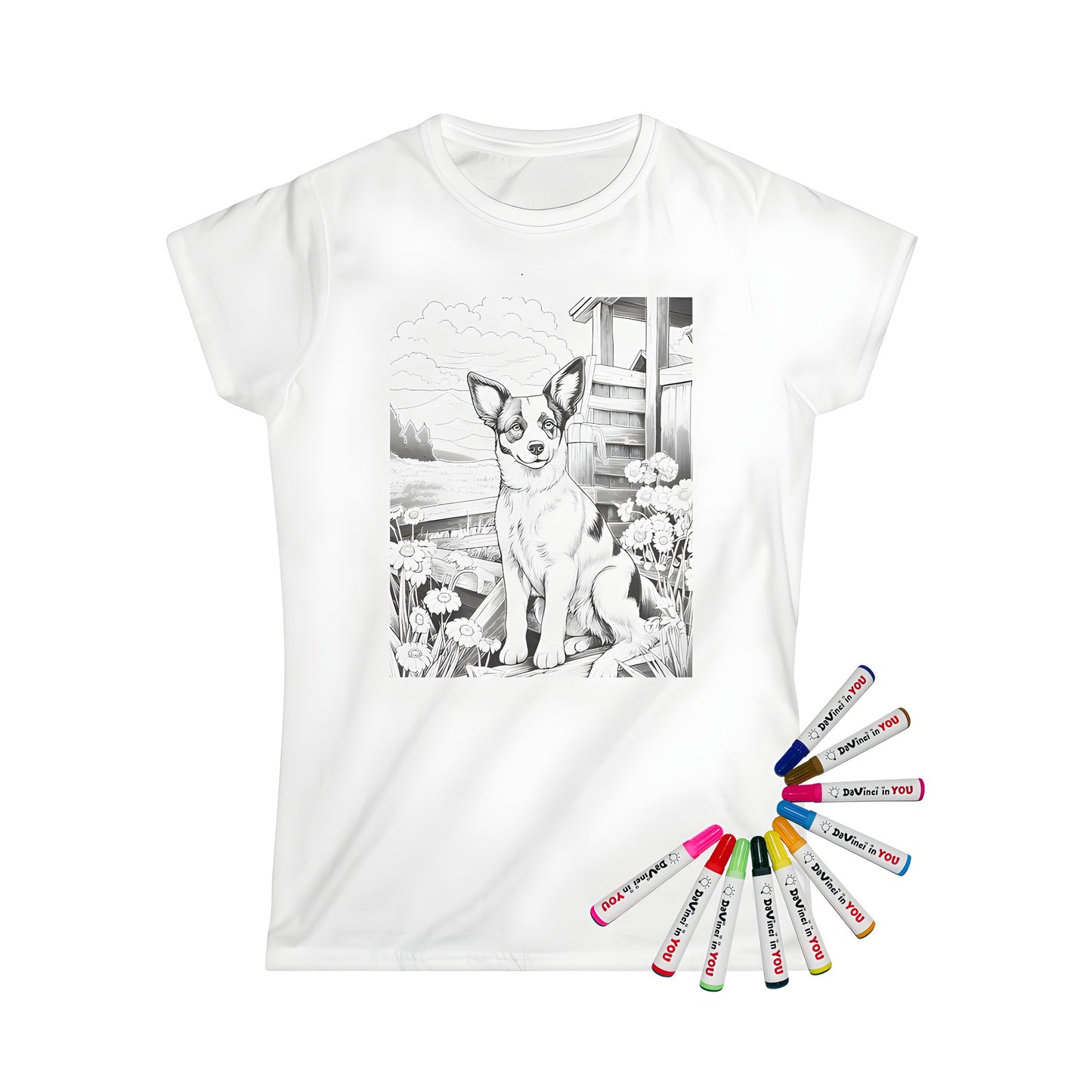 Women's t-shirt with a cute puppy, canine, hound or pooch coloring page design printed on it