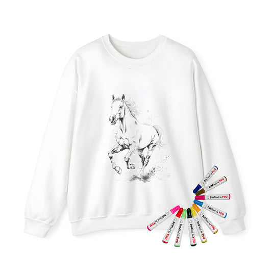 Adult sweatshirt featuring a detailed black-and-white sketch of a galloping horse with intricate mane and muscles