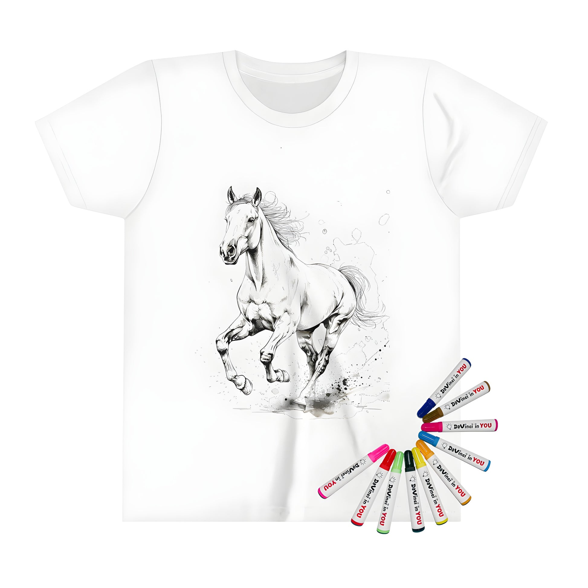 Kid's t-shirt featuring a colorful horse illustration with a black-and-white sketch of a running horse design on a kid-sized tee.