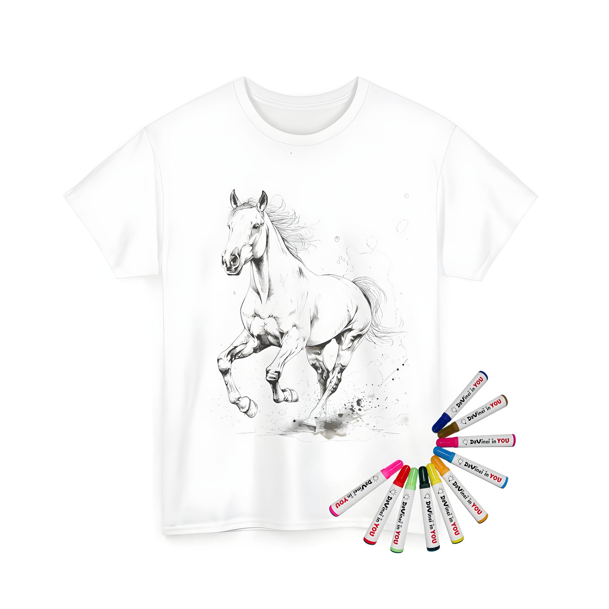 A black-and-white sketch of a galloping equine on a unisex t-shirt