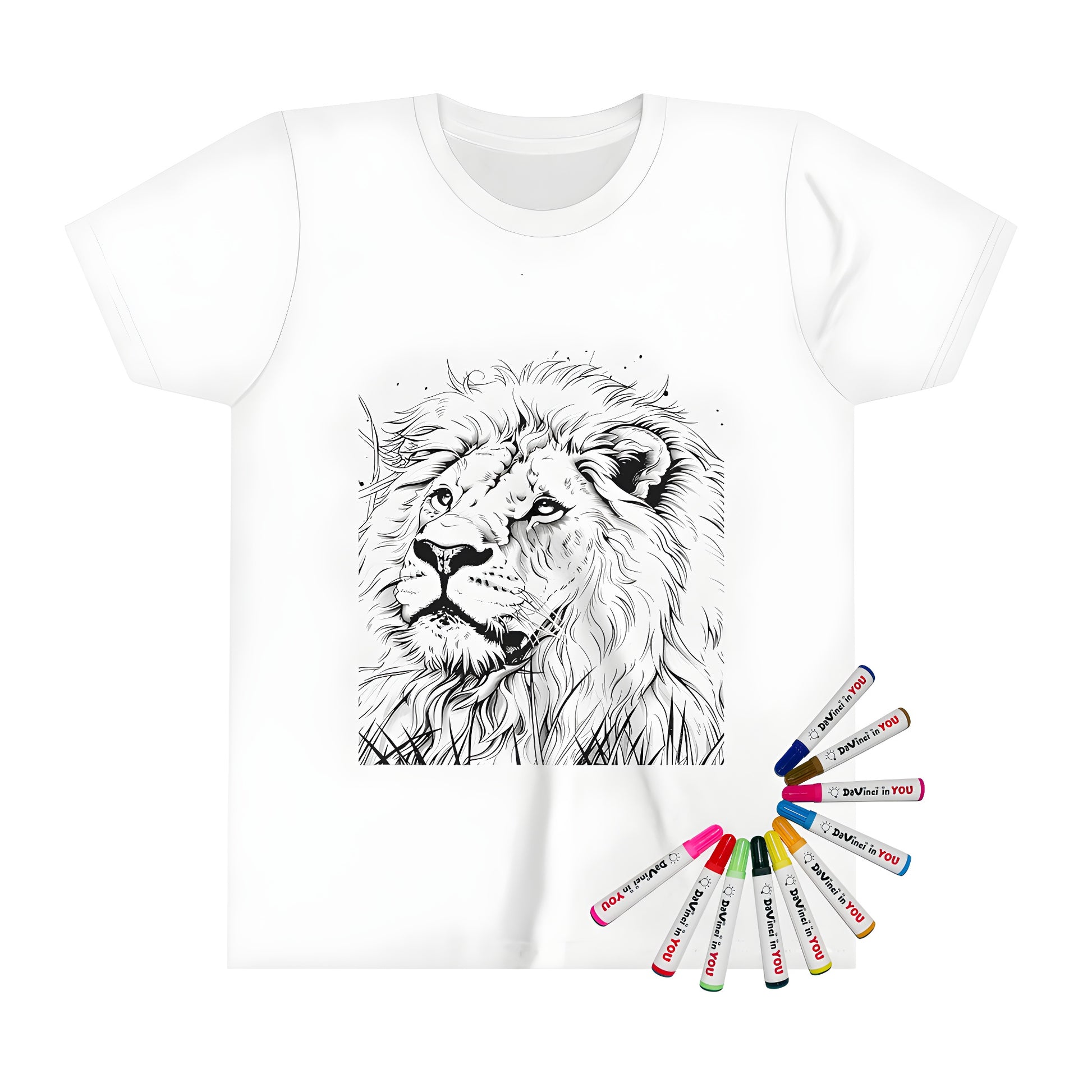 A vibrant kid's t-shirt featuring a coloring page design of a majestic lion's face with its mane and intense gaze, perfect for a young artist