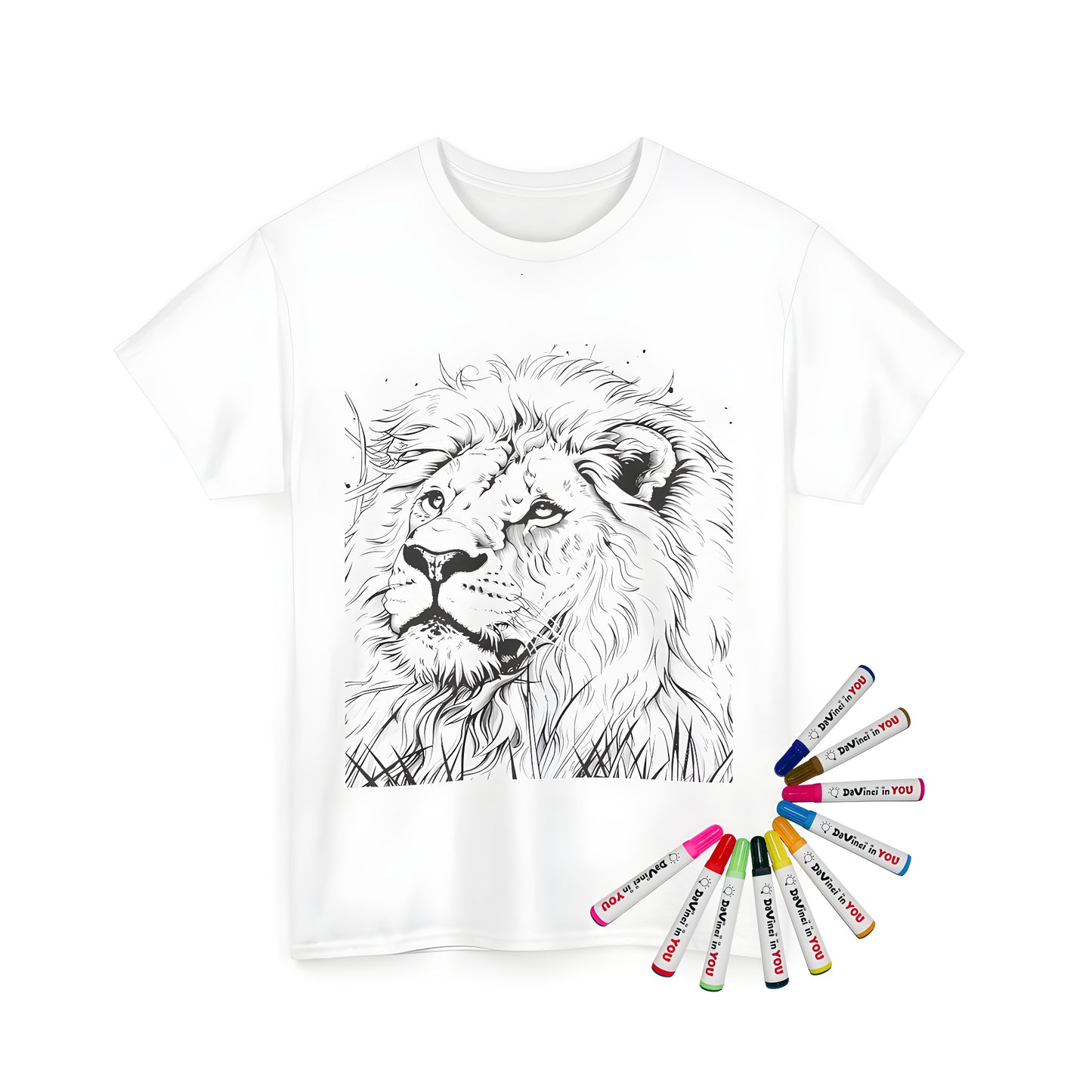 Detailed lion portrait t-shirt coloring kit for kids and adults