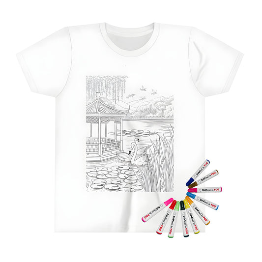 Serene Lake design kid's t-shirt with colorful swans, lily pads and gazebo