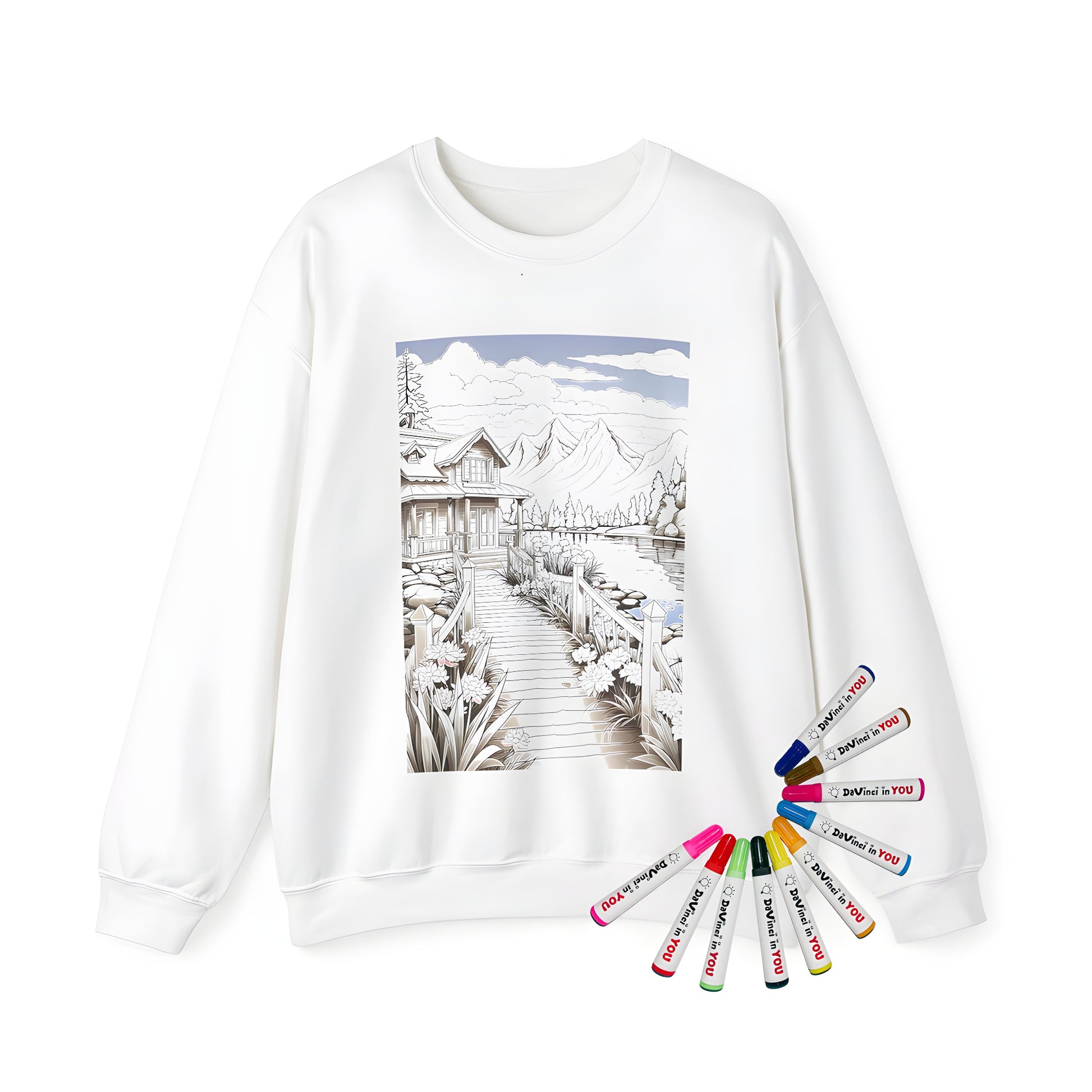 Adult sweatshirt featuring a serene mountain landscape with a cozy cabin by a tranquil lake