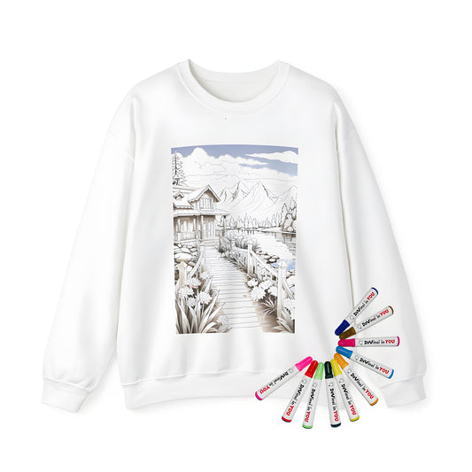 Adult sweatshirt featuring a serene mountain landscape with a cozy cabin by a tranquil lake