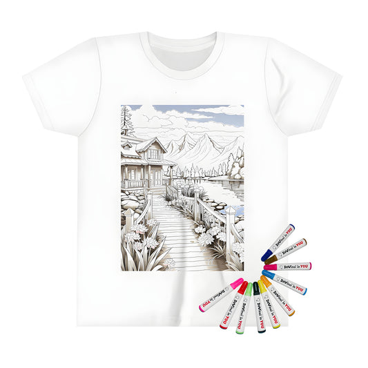 Coloring page inspired kid's t-shirt featuring serene lake scene with cabin, flowers and mountains