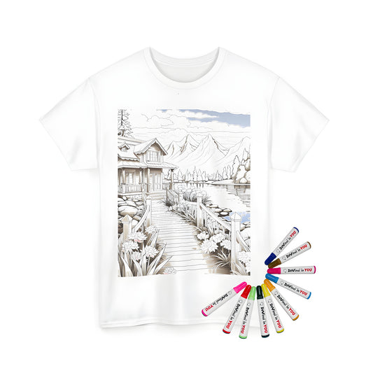 Mountain getaway t-shirt featuring vibrant coloring page art by a serene lake