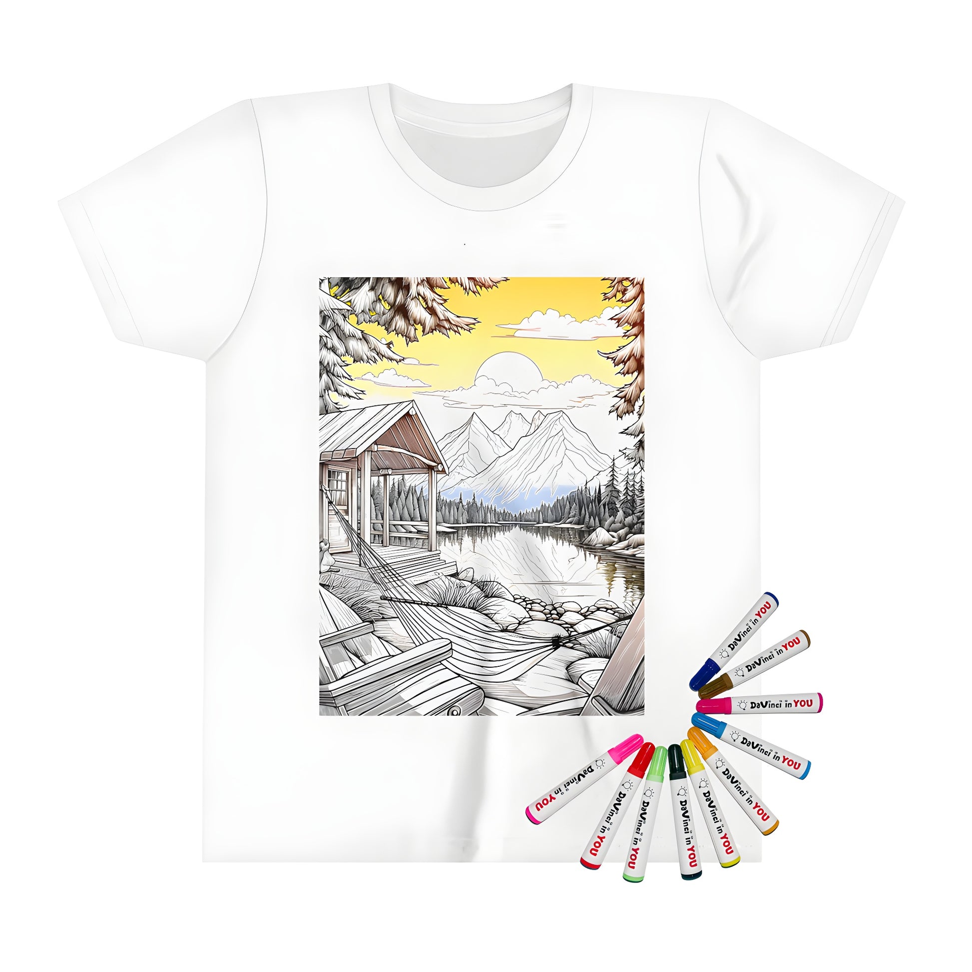 Kid's t-shirt featuring a vibrant mountain cabin scene with serene lake, hammock, trees, and yellow sunset