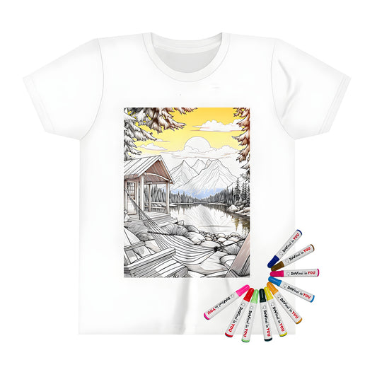 Kid's t-shirt featuring a vibrant mountain cabin scene with serene lake, hammock, trees, and yellow sunset