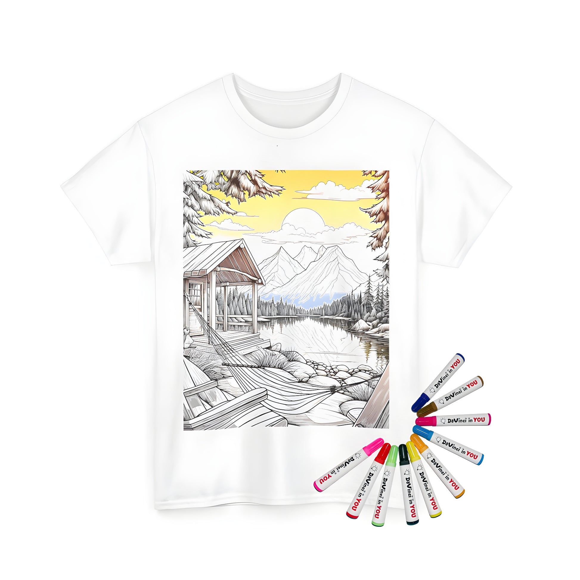 Mountain cabin scene on unisex t-shirt with colorful fabric markers