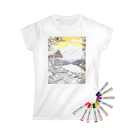 Women's t-shirt featuring a peaceful mountain cabin scene with serene lake and hammock by trees under a yellow sunset sky