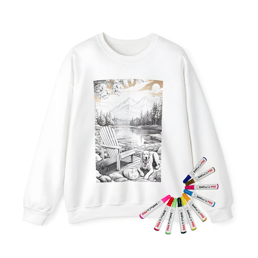 Adult sweatshirt featuring a serene lake scene with dog and wooden chair design