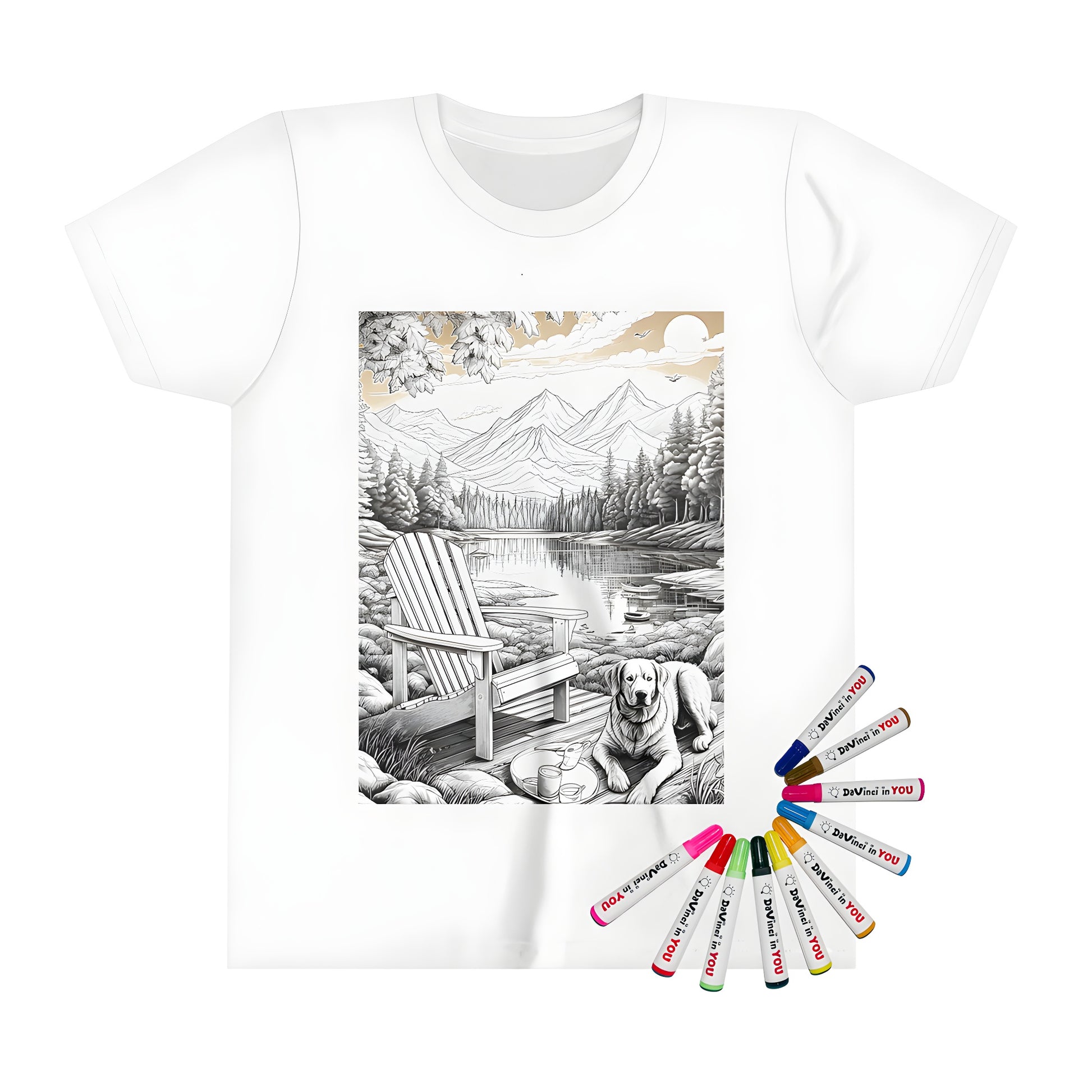 A vibrant Kid's T-shirt featuring a tranquil mountain lake scene with a wooden chair and dog, surrounded by trees, boats, and mountains in the background. Colorful design inspired by children's coloring pages.