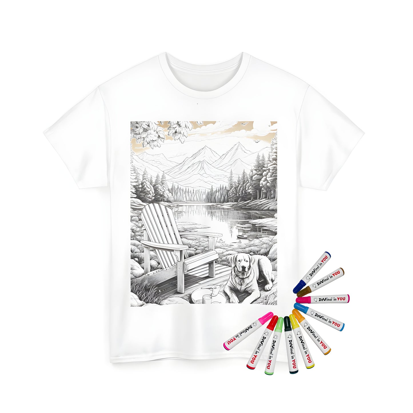 T-shirt with tranquil mountain lake scene featuring wooden chair, dog, trees, boats, and mountains