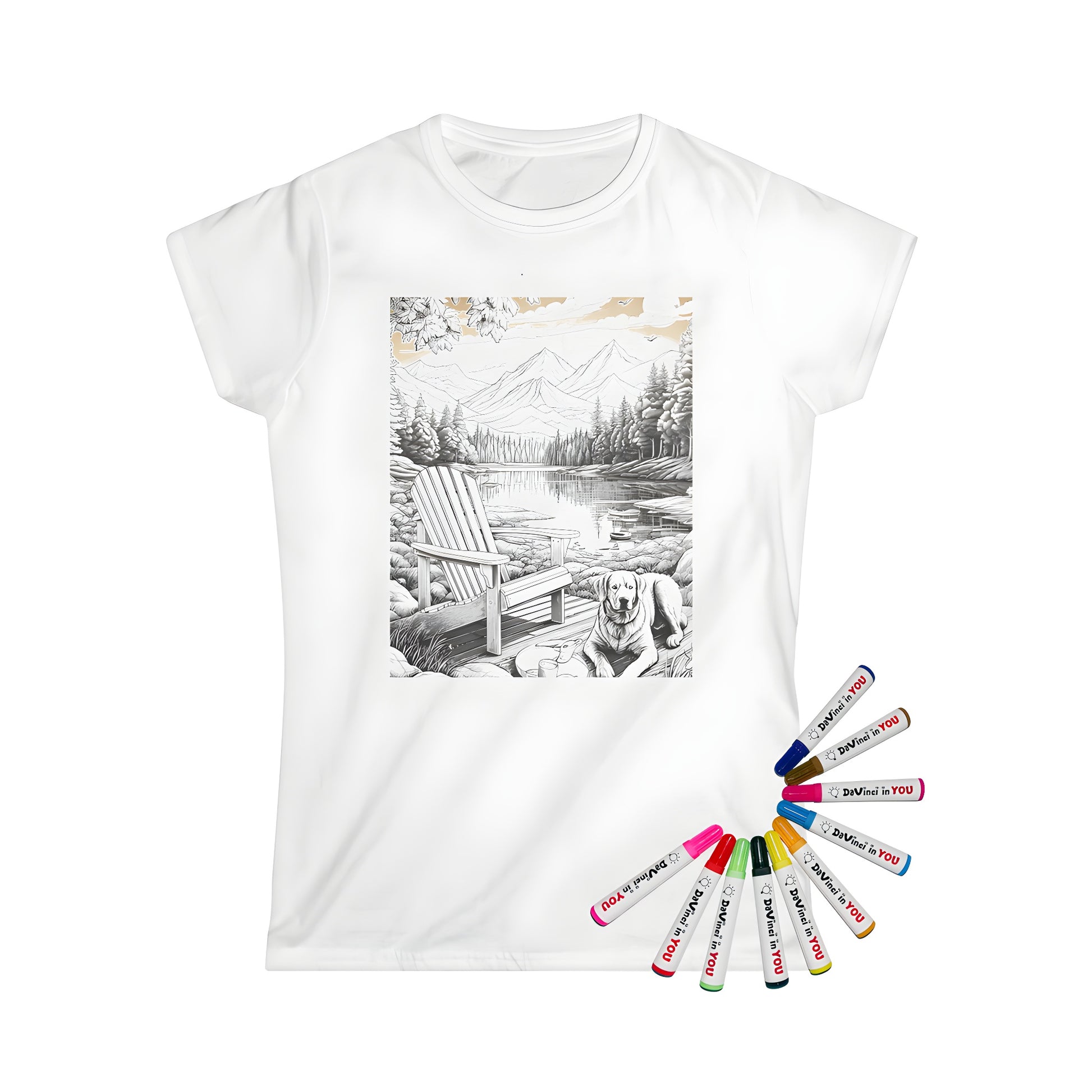 Women's T-shirt featuring a tranquil mountain lake scene design with dog, wooden chair, trees, boats, and mountains