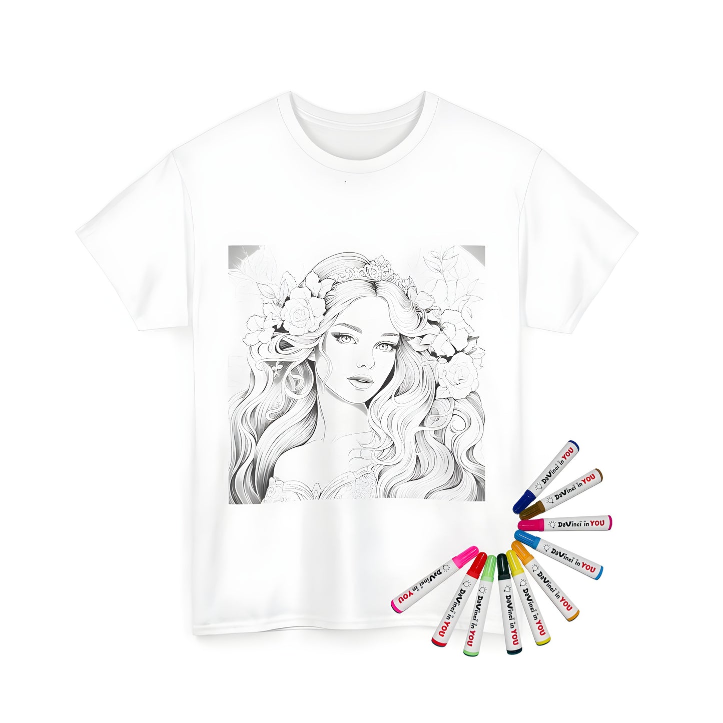 Coloring Kit for Unisex T-shirt with floral princess design, featuring detailed line art drawing of girl with long hair and flowers in her hair wearing tiara