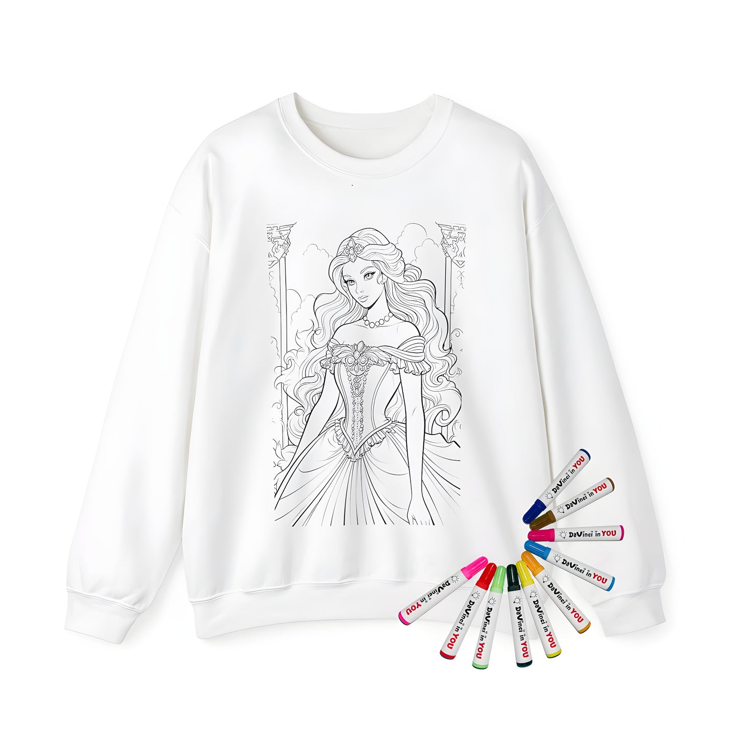 Adult sweatshirt with detailed line art of elegant princess design