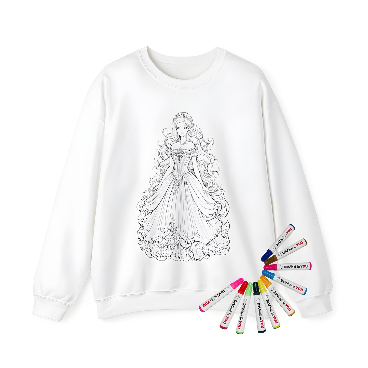 Adult sweatshirt with elegant dress design, princess illustration, fabric markers