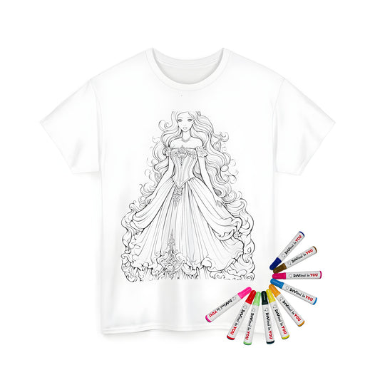 Coloring kit for unisex t-shirts featuring detailed illustrations of princesses wearing elegant gowns, tiaras, and flowing hair