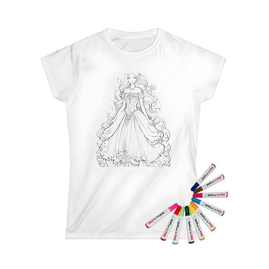 Women's t-shirt with elegant gown design featuring intricate details and tiara