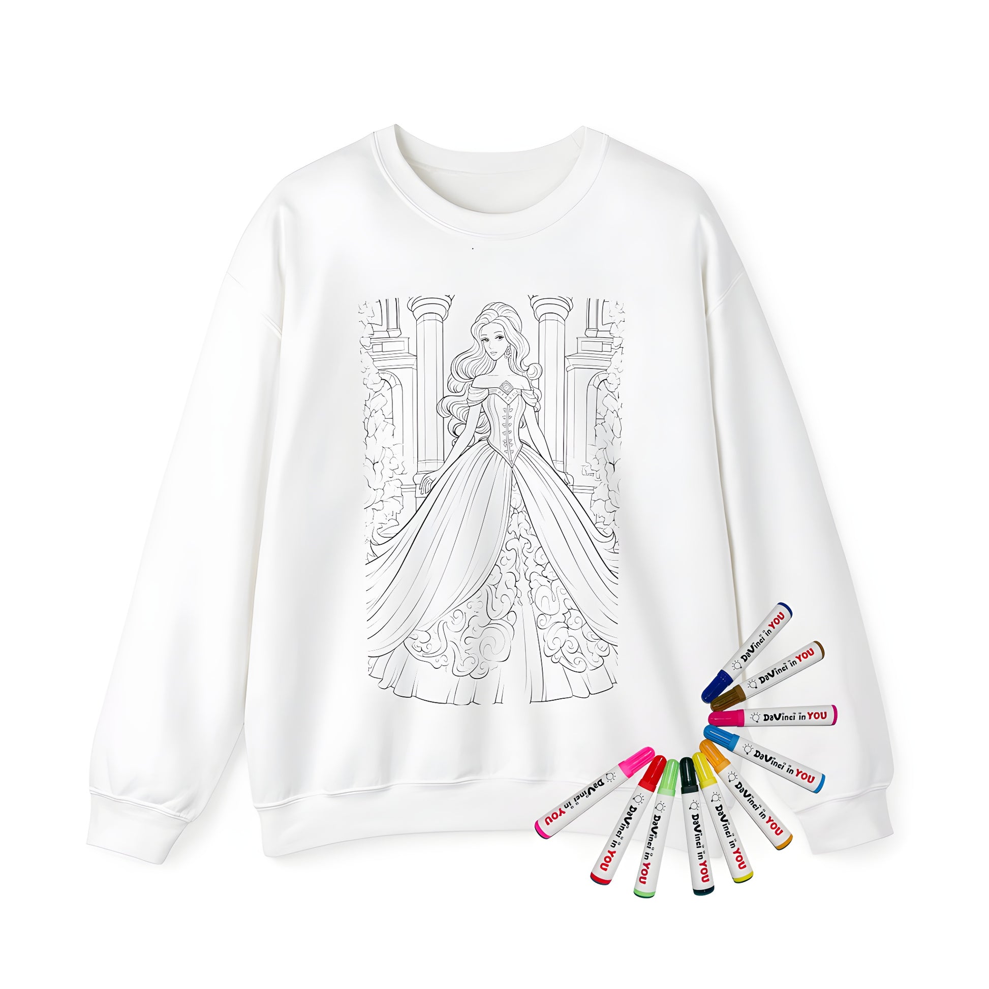 Adult sweatshirt featuring a royal princess coloring page design with an elegant castle backdrop and surrounding foliage