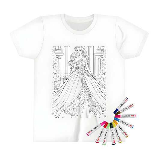 Royal Princess Girls' T-Shirt for Kids, Detailed Castle Scene Design, Fabric Markers Included