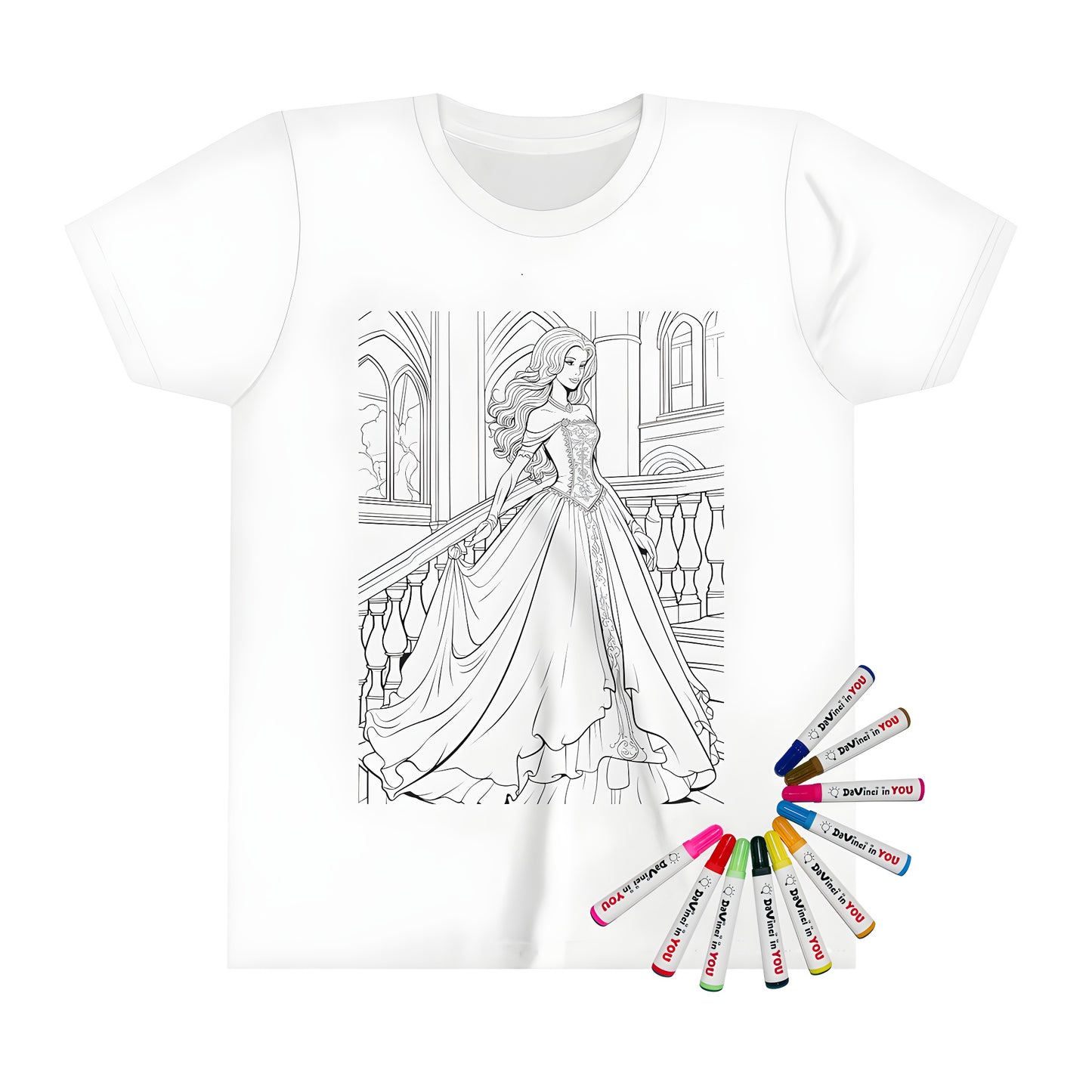 Elegant princess girl kid's t-shirt with colorful fabric markers for creative coloring