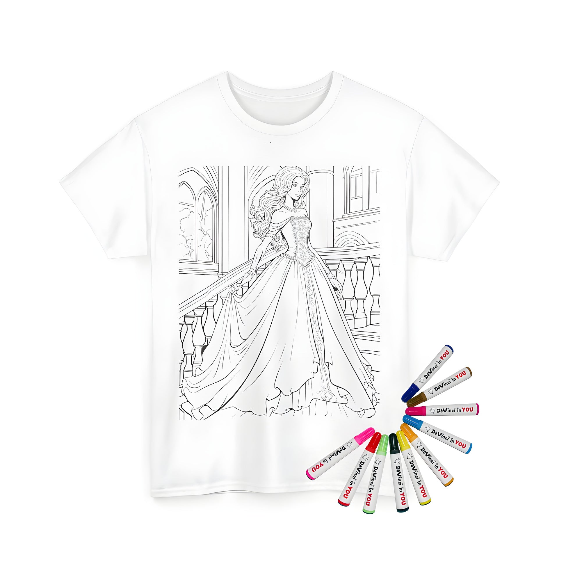 Unisex t-shirt featuring a colorful illustration of an elegant princess with flowing hair and detailed gown descending a castle staircase