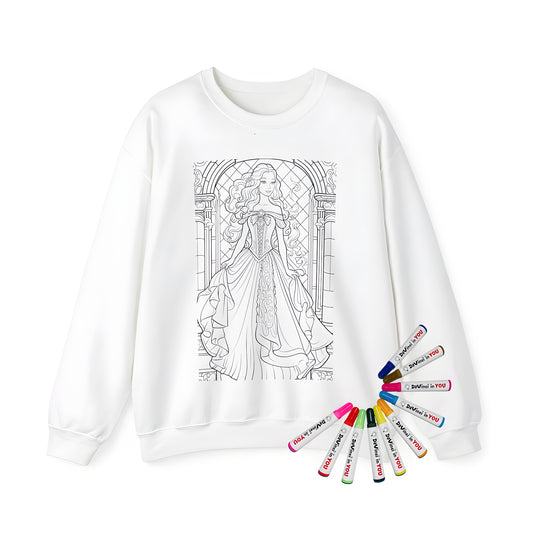 Adult sweatshirt with Line art of a beautiful princess design in an ornate gown standing in front of a decorative castle backdrop.