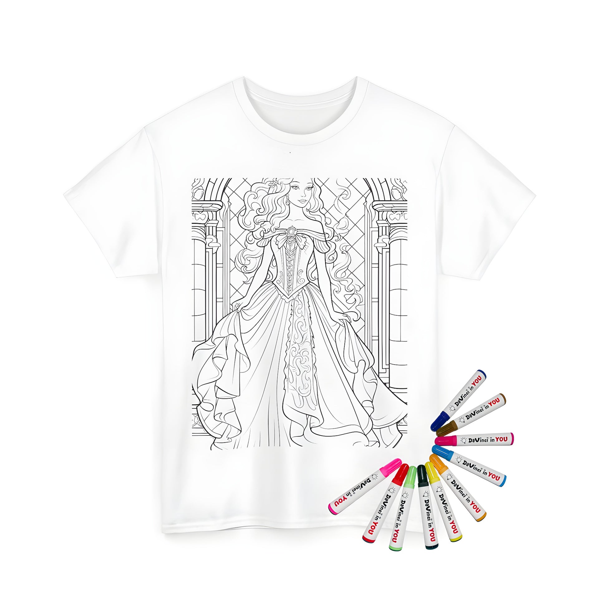 Unisex t-shirt with a beautiful princess line art design, perfect for coloring enthusiasts