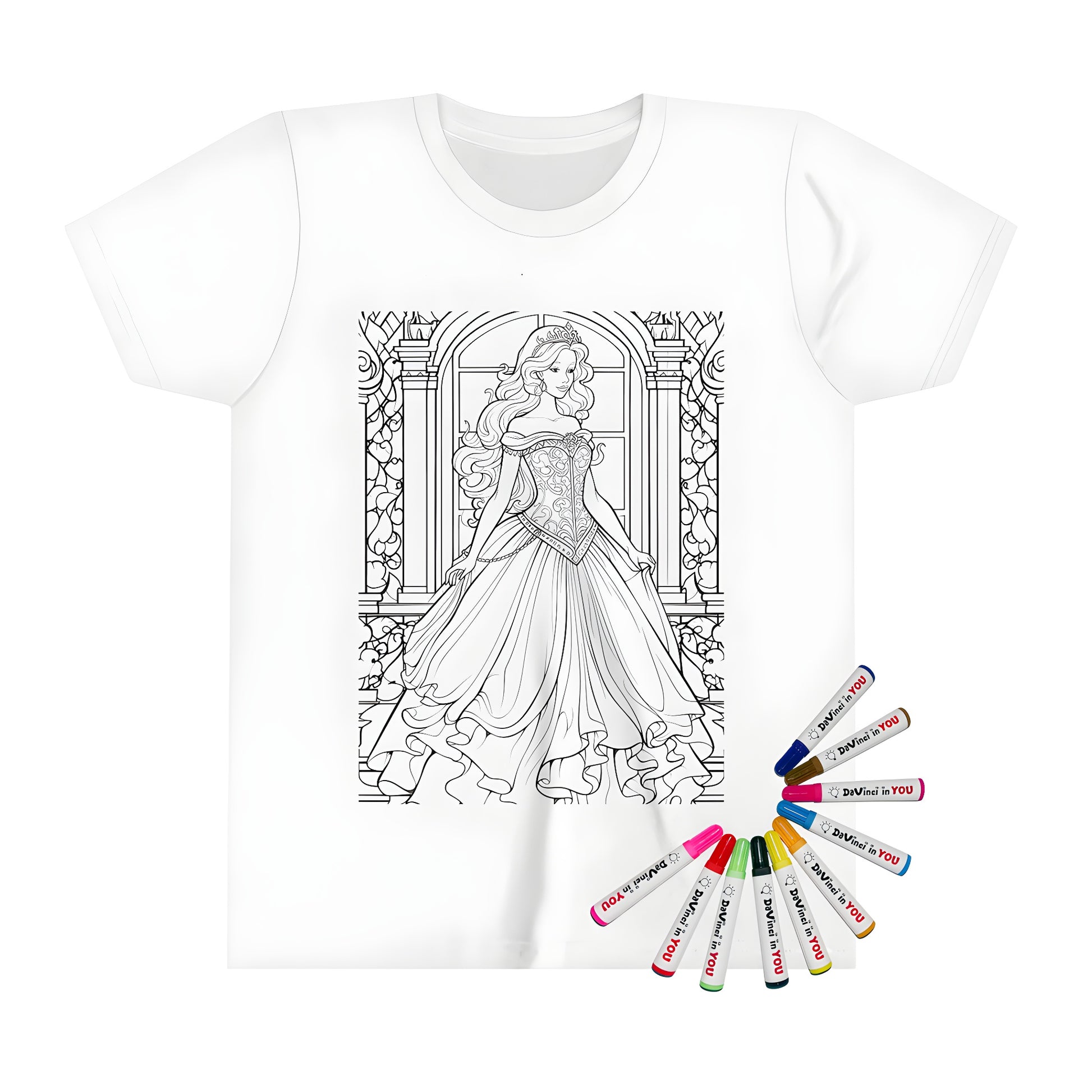 A detailed coloring page featuring an elegant princess design on a kid's t-shirt