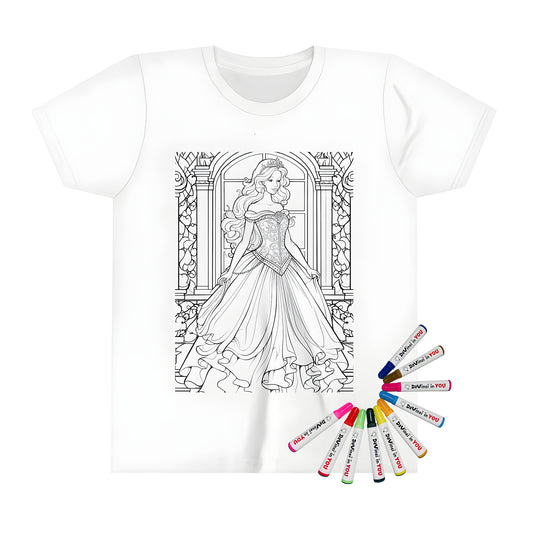 A detailed coloring page featuring an elegant princess design on a kid's t-shirt