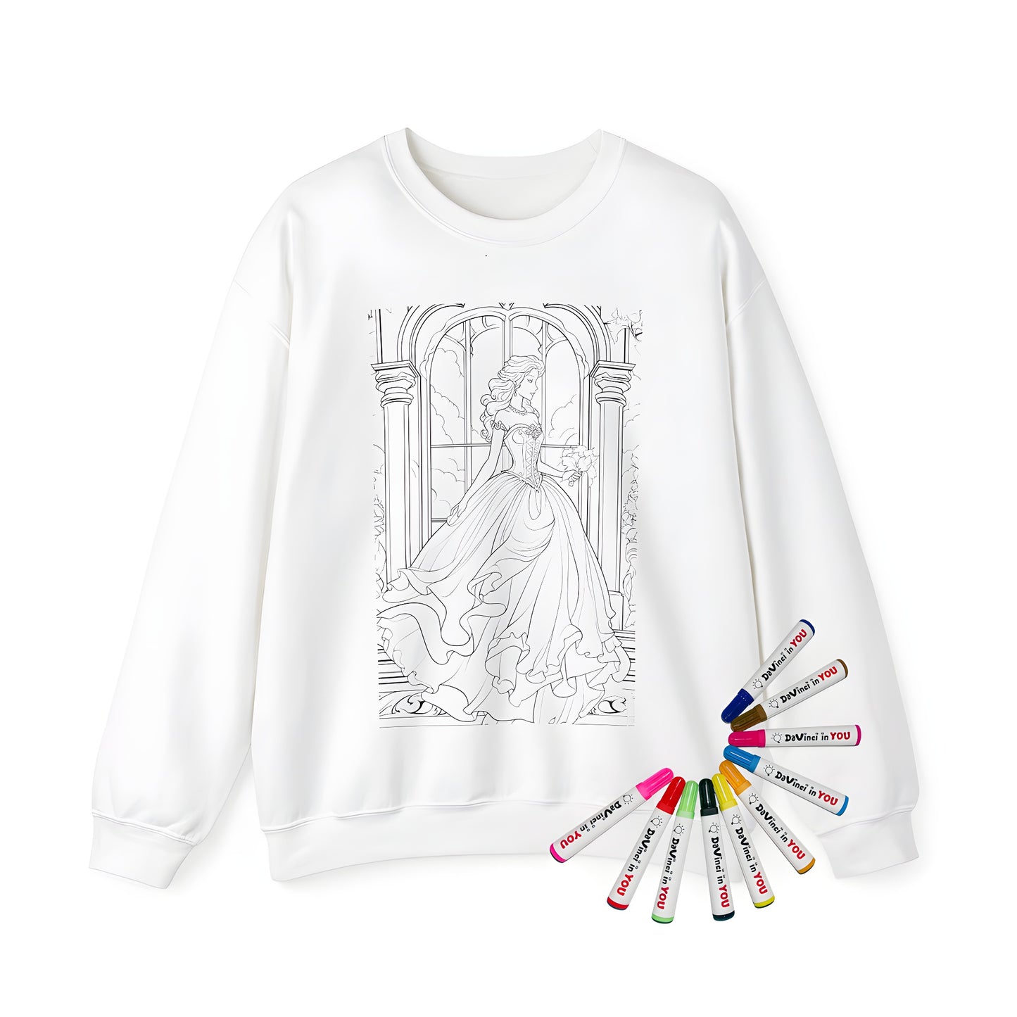 Adult sweatshirt featuring a detailed coloring page design of a princess standing inside a castle with an arched window and clouds. Includes 10 fabric markers.