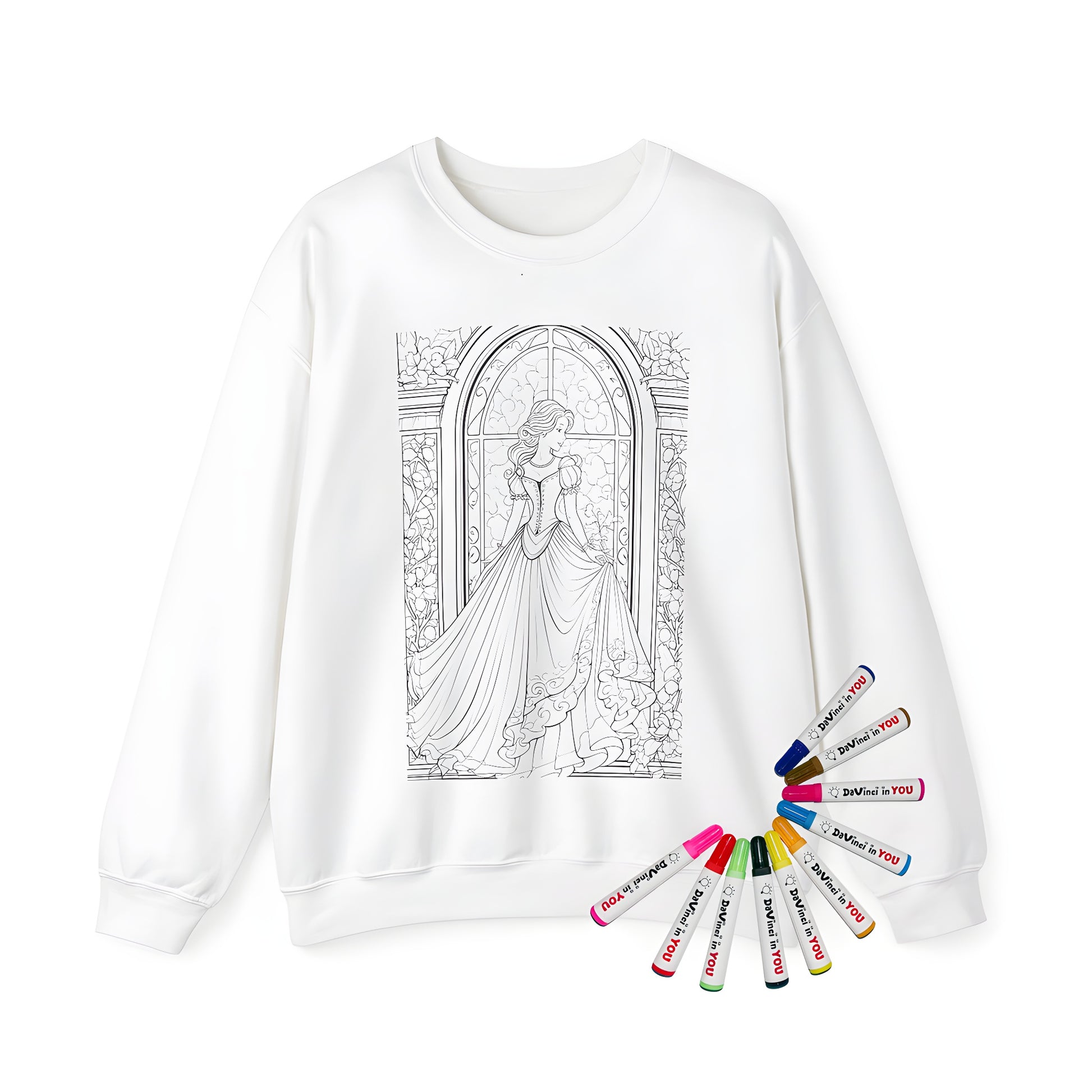 Adult sweatshirt with detailed coloring page design of elegant princess