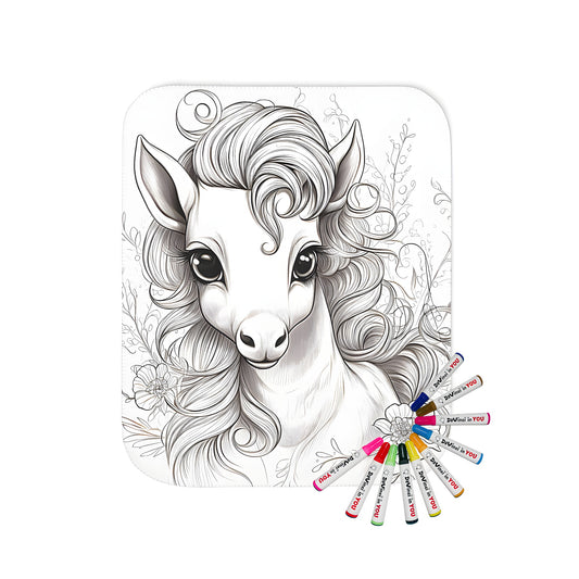 A beautiful, detailed black-and-white unicorn portrait blanket design with flowing mane and floral elements