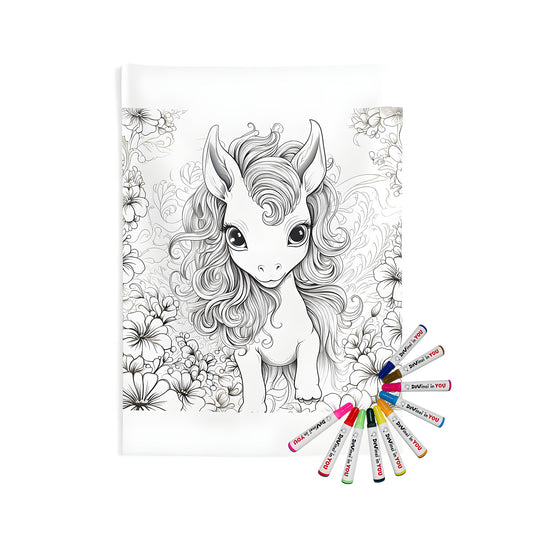 Baby Unicorn wall tapestry coloring kit and fabric markers - vibrant indoor decor with cute unicorn design, colorful intricate floral patterns, and whimsical illustration