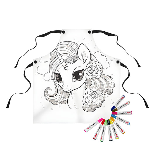 A black and white apron featuring a cute unicorn with flowers design, surrounded by clouds, perfect for artistic expression and self-expression. Includes 10 fabric markers.