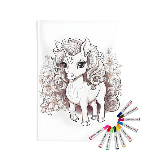 Magical unicorn tapestry with flowers background and coloring kit with fabric markers