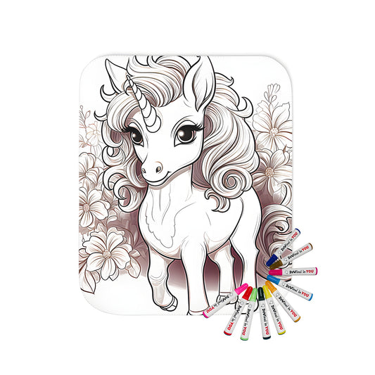 A whimsical unicorn with a flowing mane surrounded by flowers on a soft, cozy blanket