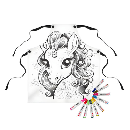 Colorful unicorn apron for adults and kids with fabric markers, perfect gift or craft activity