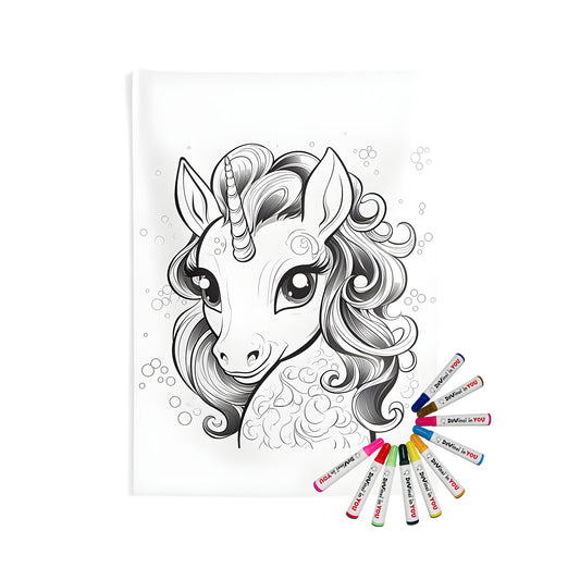 Colorful indoor wall tapestry featuring an outline drawing of a unicorn, complete with big eyes and curly hair, surrounded by bubbles. Part of a fun coloring kit